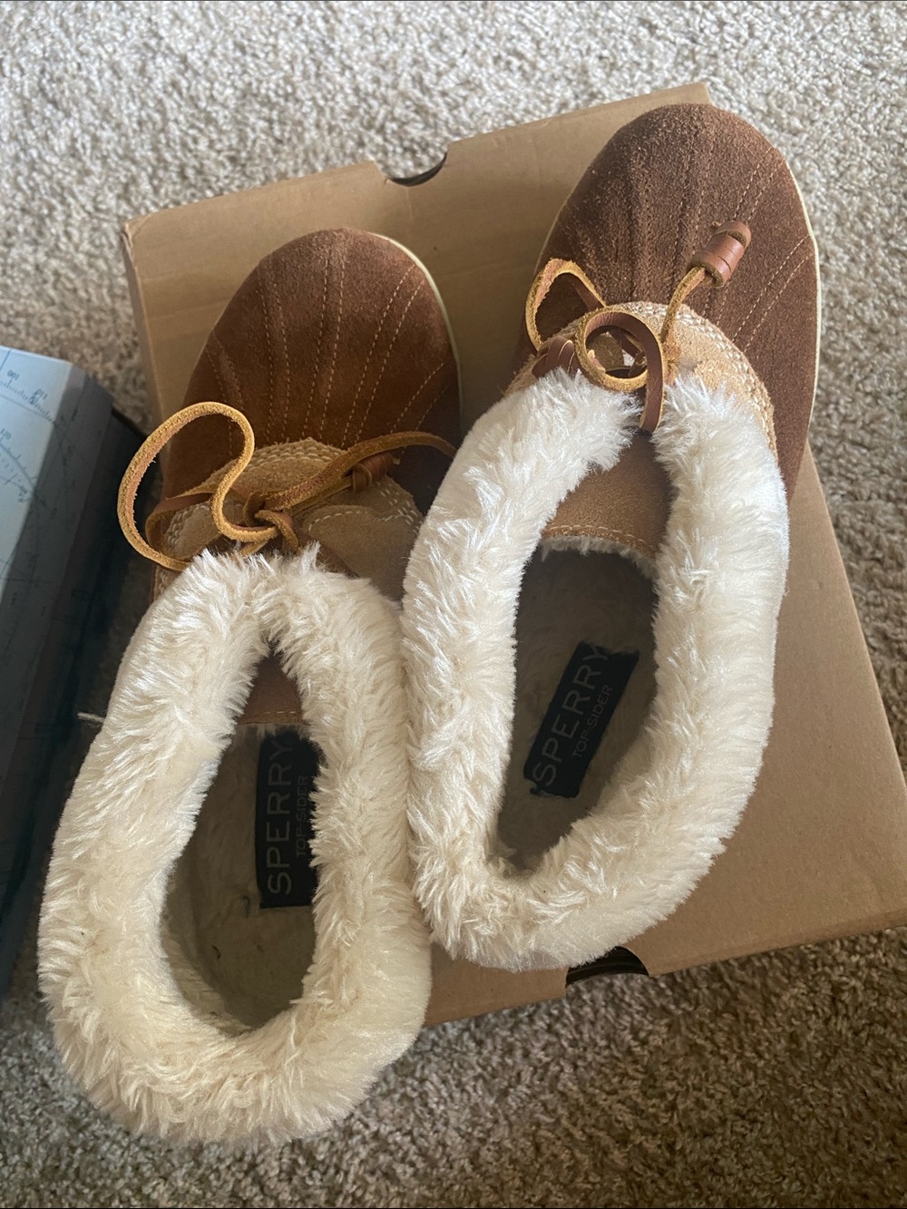 Sperry Women's Suede Moccasin Slippers in Brown with Cream Faux Fur